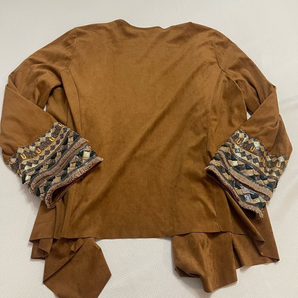 Soft Surroundings Faux Suede Embroidered Cuff Open Draped Cardigan Jacket Sz L - Picture 11 of 12